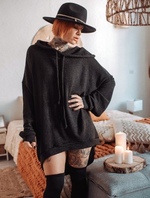 Toonzshop Rashmi Oversized Long Hooded Jumper Trui Dames Zwart | MU5364798